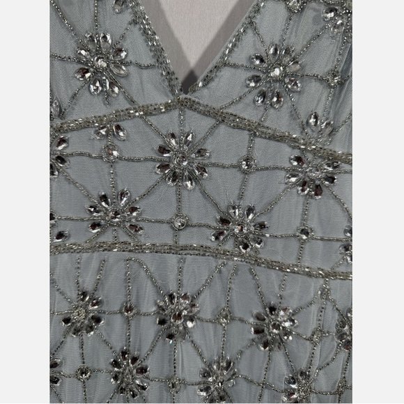 NWT Mac Duggal [ 18 ] Sleeveless Hand Beaded Floral V-Neck Gown Powder‎ Blue - Picture 12 of 16